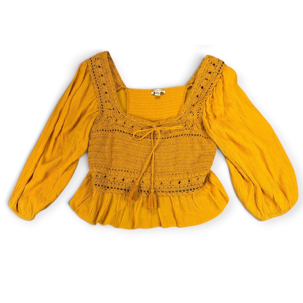 American Eagle Womens L Mustard Crochet Peplum Blouse Puff Sleeve Boho Fall Lace